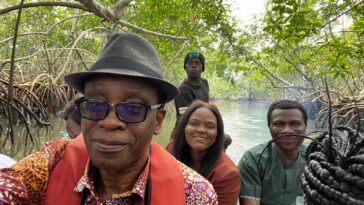 Nnimmo Bassey and team during a visit to a preserved mangrove forest in Kono, Rivers State.