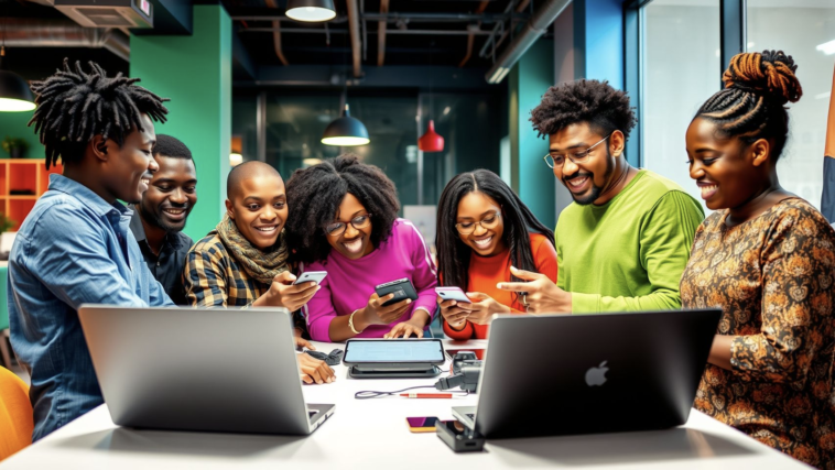 Nigerian students working on a tech project, representing school entrepreneurship programs.