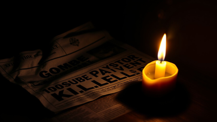 A candle and newspaper headline symbolizing the tragic killing of a pastor in Gombe.