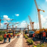 Construction workers and machinery on a new highway in southeast nigeria.
