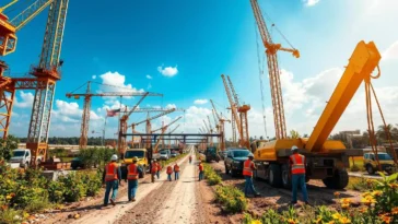 Construction workers and machinery on a new highway in southeast nigeria.