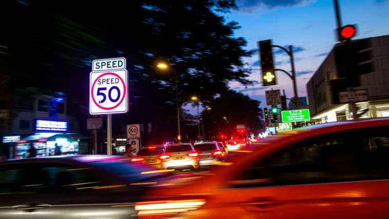 Lagos street scene with speed limit signs, highlighting new road safety measures.