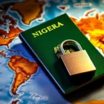 Graphic depicting a nigerian passport with security symbols.