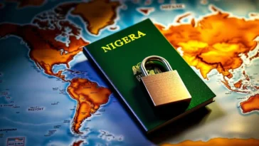 Graphic depicting a nigerian passport with security symbols.