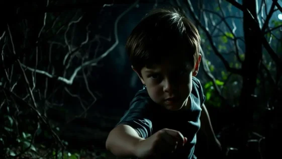 Current Post Image 22 A child running in fear through a forest, representing the ekiti school kidnapping.