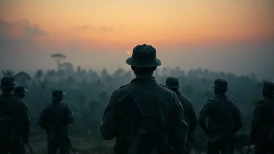 Nigerian soldiers standing with rifles in front of the dense kajuru forest in kaduna.