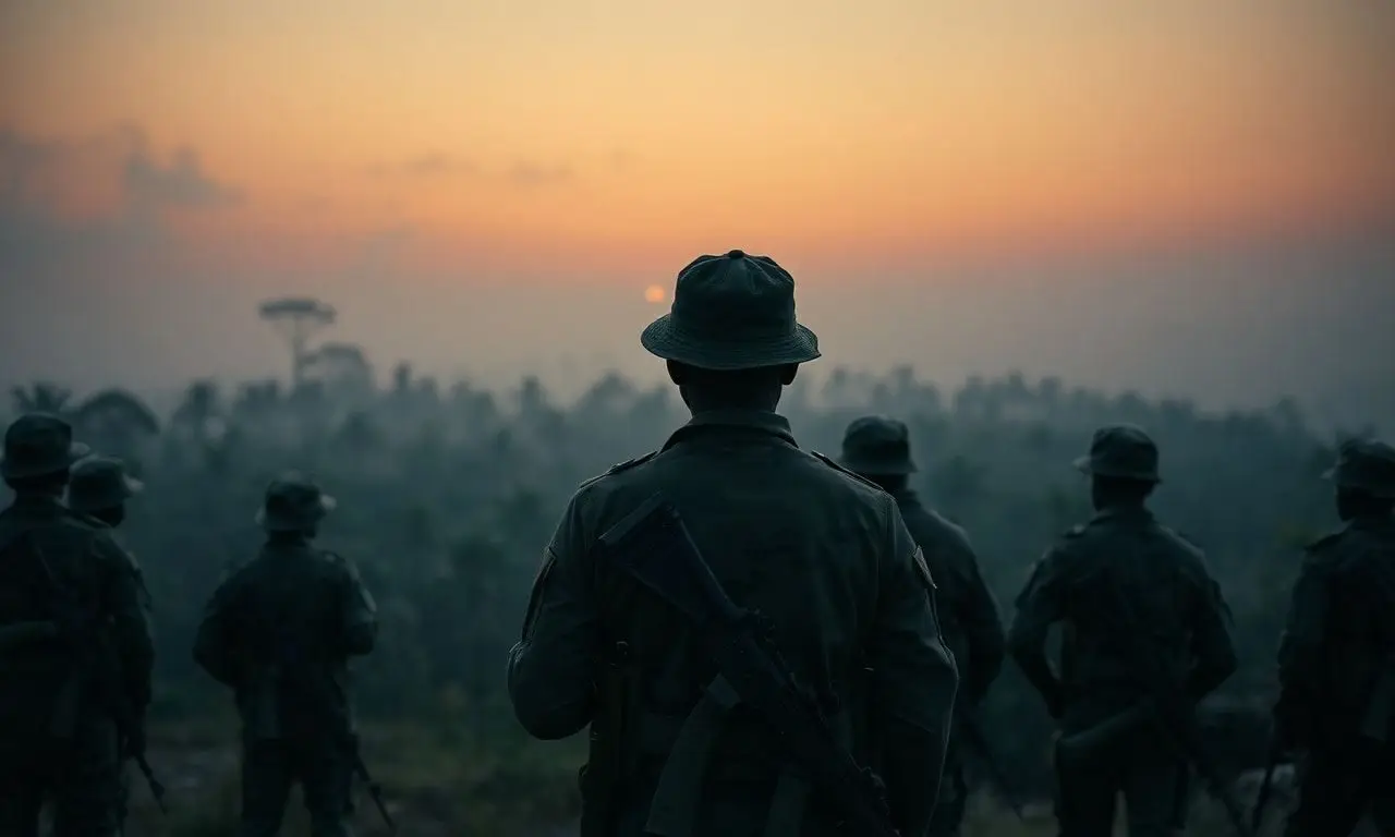 Nigerian soldiers standing with rifles in front of the dense kajuru forest in kaduna.