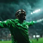 Nigerian football players celebrating a penalty shootout victory.