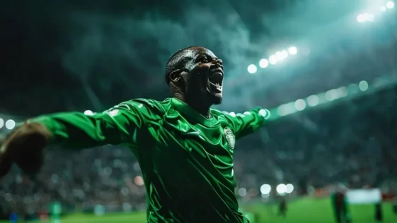 Nigerian football players celebrating a penalty shootout victory.