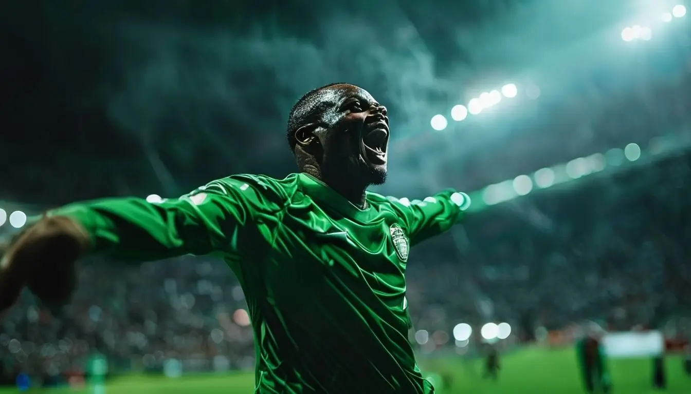 Nigerian football players celebrating a penalty shootout victory.