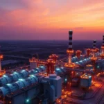 Modern gas-fired power plant facility in bayelsa at sunset.