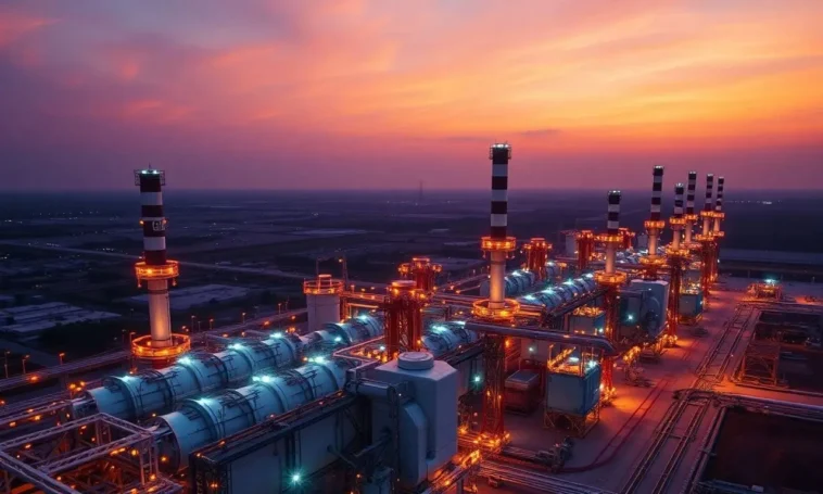 Modern gas-fired power plant facility in bayelsa at sunset.