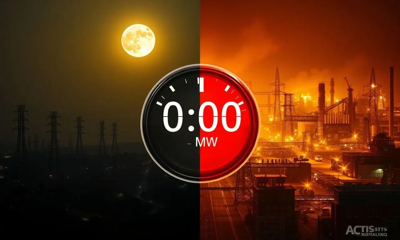 Split image showing a dark city during the 2026 grid collapse and a brightly lit aba industrial area.