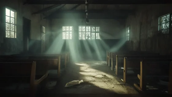 Empty church interior with overturned pews in kaduna nigeria after a kidnapping raid.