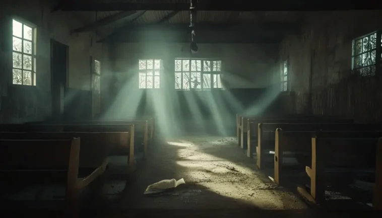 Empty church interior with overturned pews in kaduna nigeria after a kidnapping raid.