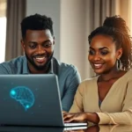 Ambitious young nigerians using advanced ai tools on a laptop in a modern office setting.