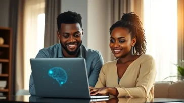 Ambitious young nigerians using advanced ai tools on a laptop in a modern office setting.