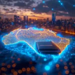 A glowing digital map of nigeria with wi-fi 6 signal waves and data streams.