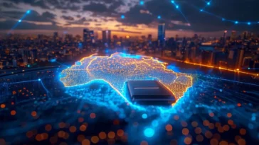 A glowing digital map of nigeria with wi-fi 6 signal waves and data streams.