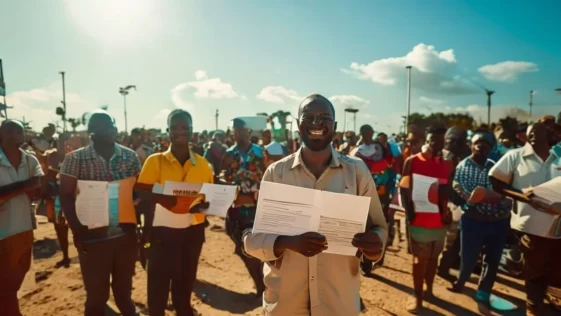 Joyful edo residents holding land allocation letters in benin city.