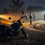An abandoned motorcycle and tactical gear in a rural village after a foiled kidnapping attempt.