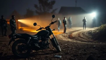 An abandoned motorcycle and tactical gear in a rural village after a foiled kidnapping attempt.