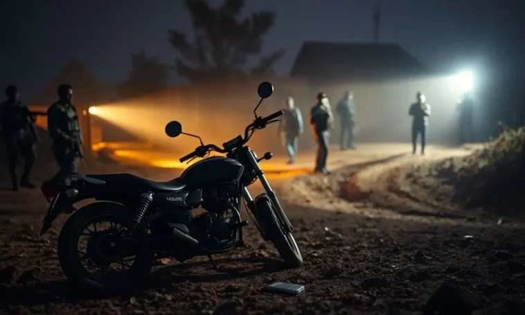 An abandoned motorcycle and tactical gear in a rural village after a foiled kidnapping attempt.