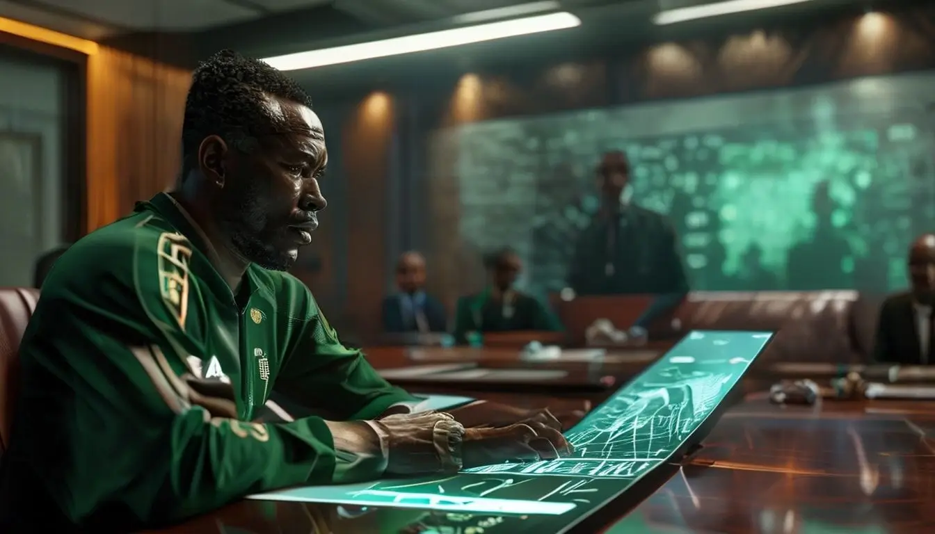 An intense boardroom meeting discussing the super eagles' 2027 coaching roadmap.