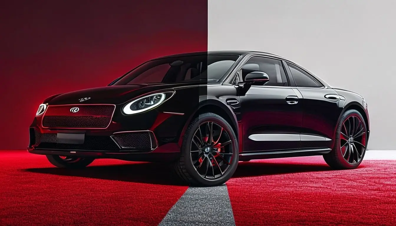 Split image showing a luxury car for the elite and an empty food pot for the poor.