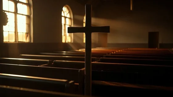 A symbolic wooden cross in an empty, sunlit church sanctuary in kaduna, nigeria.