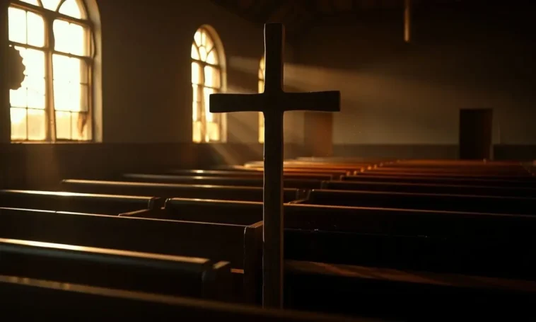 A symbolic wooden cross in an empty, sunlit church sanctuary in kaduna, nigeria.
