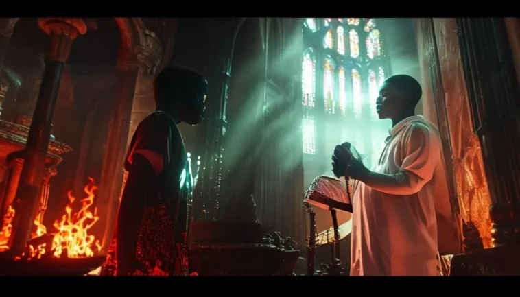 Split image of a nigerian youth between an african traditional shrine and a catholic church setting.