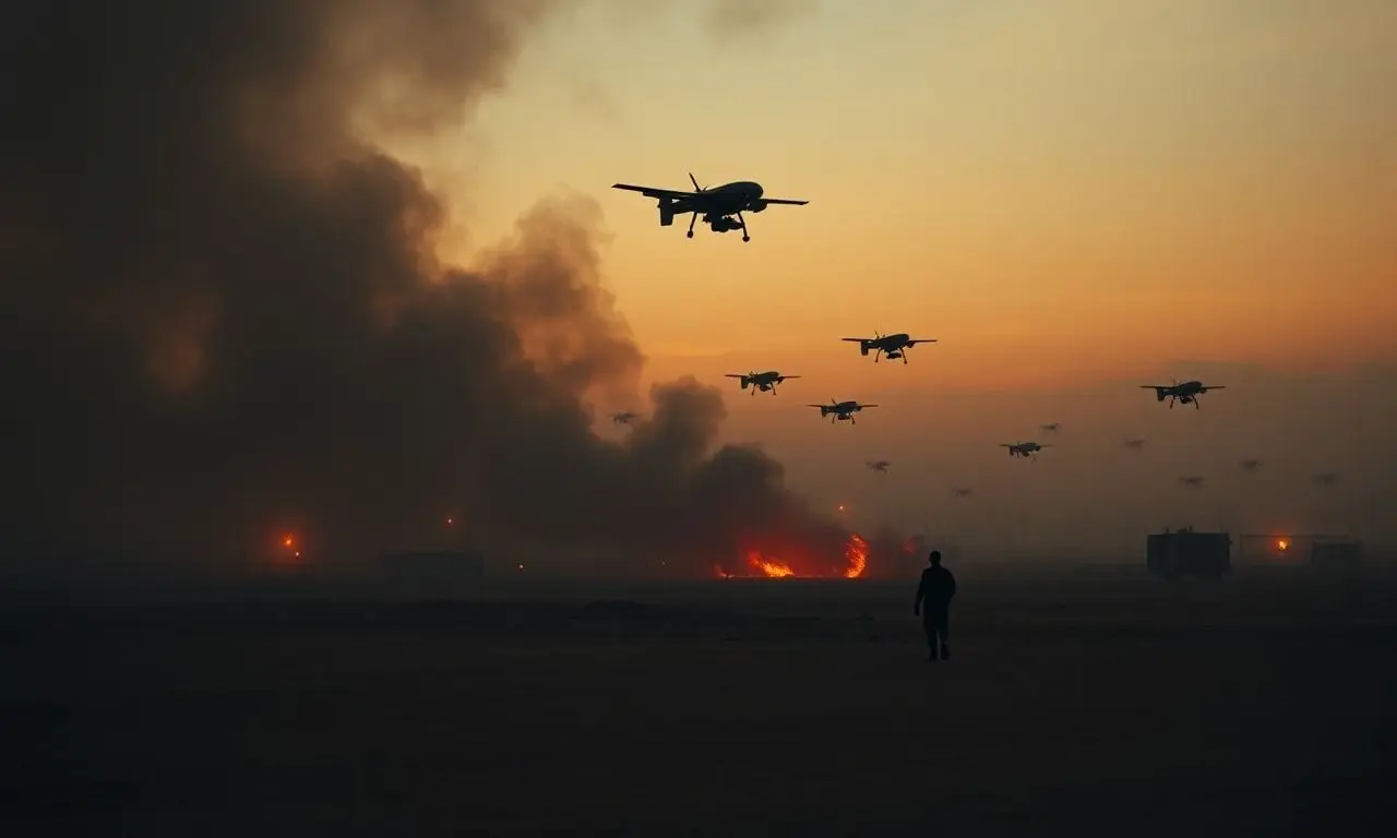 Digital art of drones hovering over a military base in the nigerian desert.