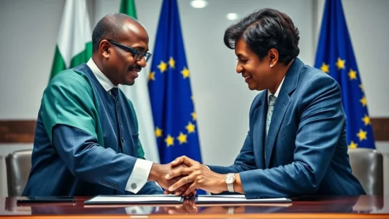 Government officials signing a technology cooperation agreement between nigeria and the european union.