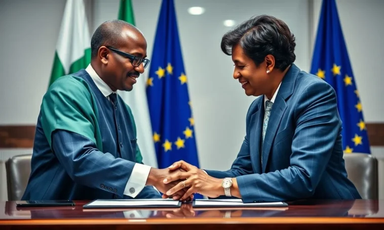 Government officials signing a technology cooperation agreement between nigeria and the european union.