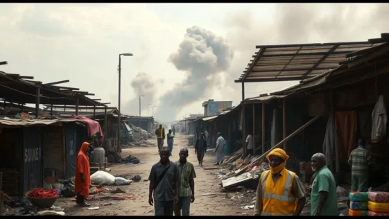 Crowd of people gathered around smoke and charred remains of market stalls in kano.