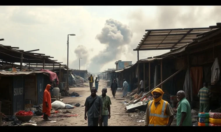 Crowd of people gathered around smoke and charred remains of market stalls in kano.