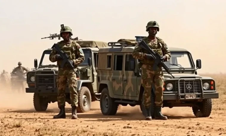 Military personnel and security vehicles stationed at a rural base in bauchi state.