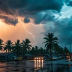 Dramatic storm with heavy rain and strong winds over a city at night.