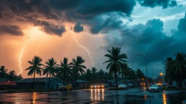 Dramatic storm with heavy rain and strong winds over a city at night.
