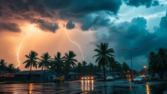 Dramatic storm with heavy rain and strong winds over a city at night.