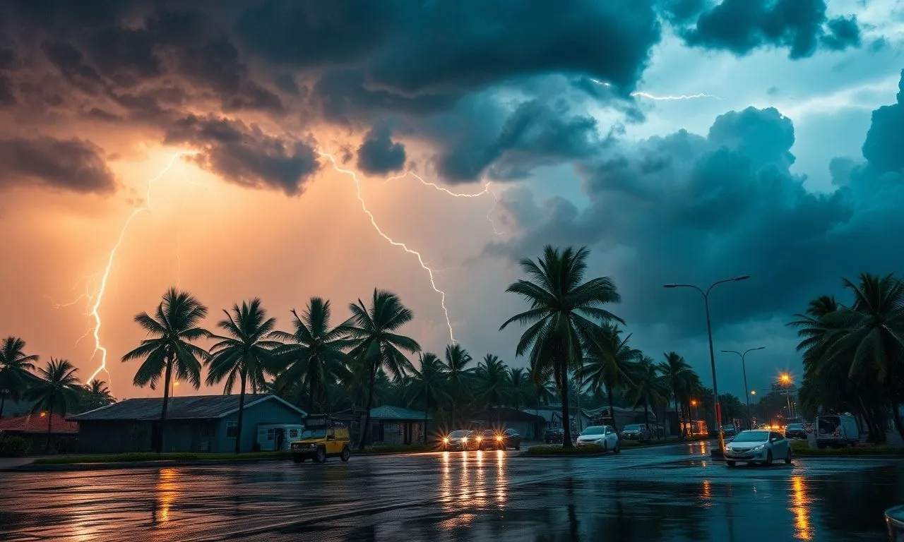 Dramatic storm with heavy rain and strong winds over a city at night.