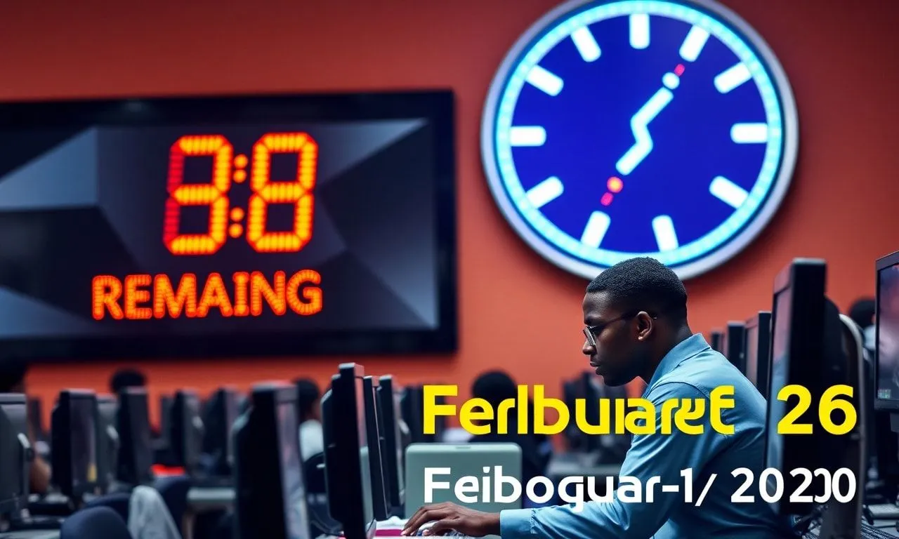 Students registering for jamb utme at a computer center with a countdown clock.