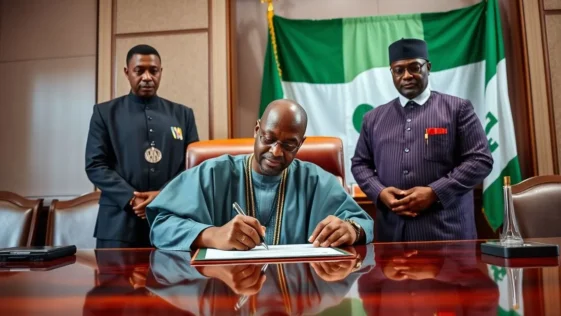 President bola ahmed tinubu signing the electoral act 2026 document at the state house.