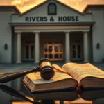 A gavel and law book in front of the rivers state government house symbolizing the fubara impeachment legal challenge.