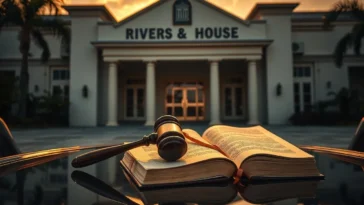 A gavel and law book in front of the rivers state government house symbolizing the fubara impeachment legal challenge.