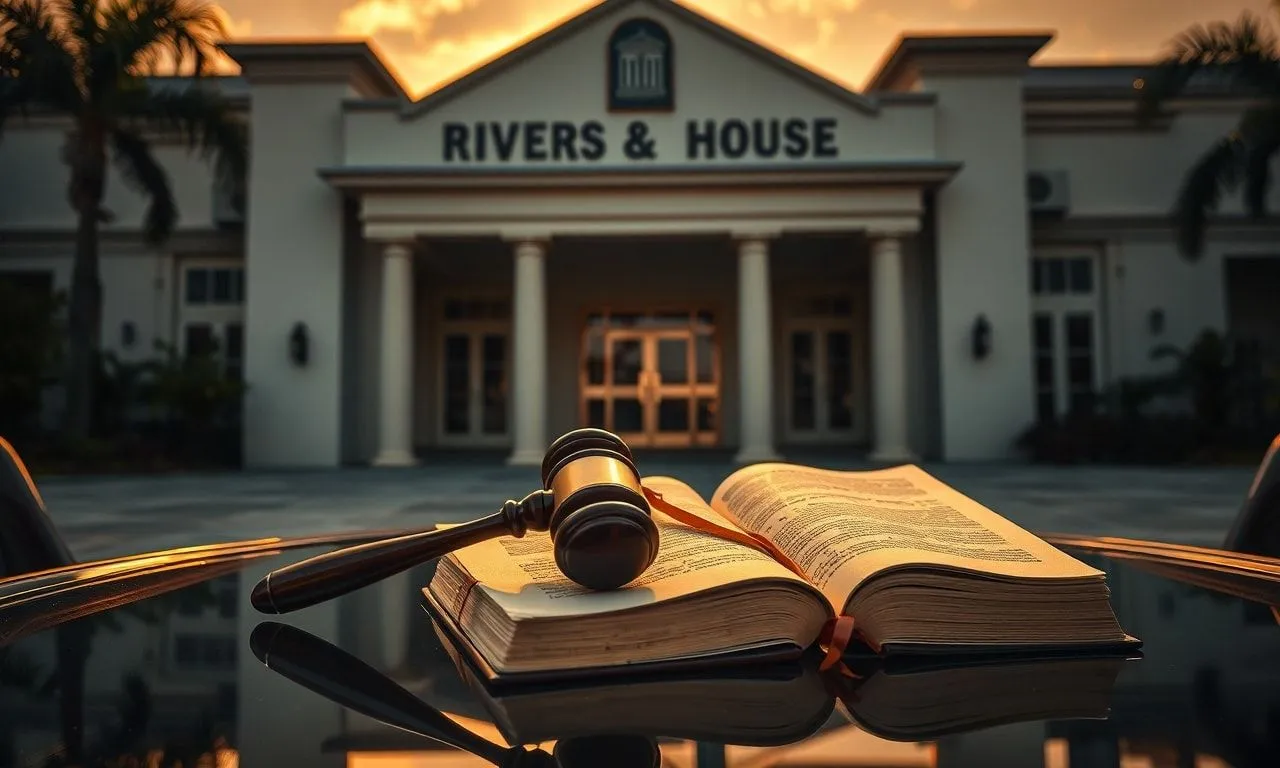 A gavel and law book in front of the rivers state government house symbolizing the fubara impeachment legal challenge.
