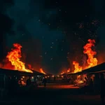 A massive fire engulfing fika central market in yobe state at night.