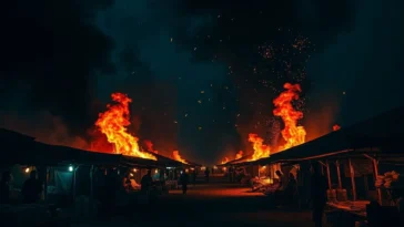 A massive fire engulfing Fika Central Market in Yobe State at night.