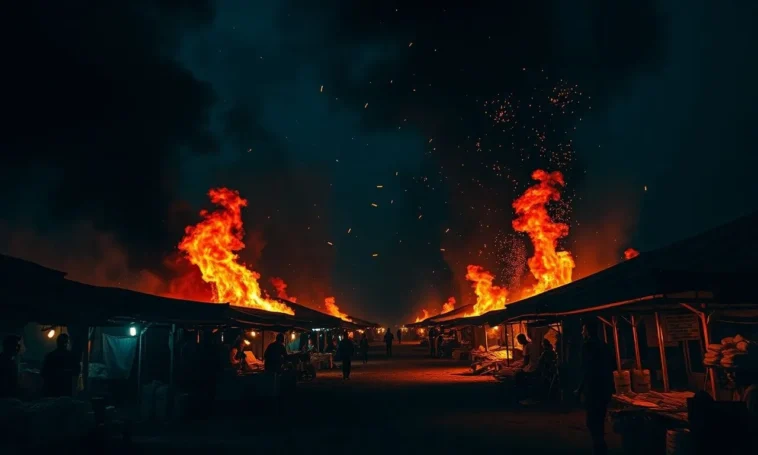 A massive fire engulfing fika central market in yobe state at night.